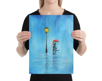 Kissing couple in the rain print