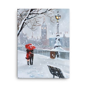 London Canvas print from an original painting, couple with a red umbrella
