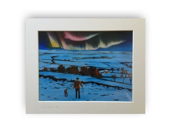 Northern Lights art print, man and his dog mounted print from painting