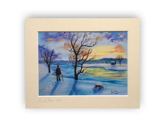 Winter print, Walking the dog winter landscape painting from 2015
