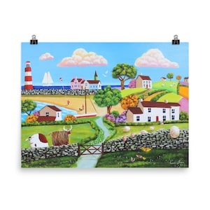 Folk art print, nursery decor, seaside themed naive art