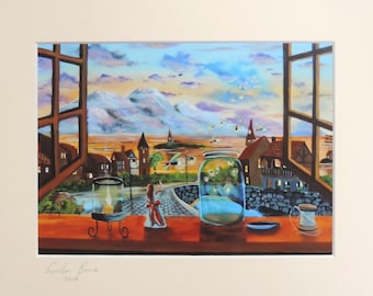 Däumelinchen Landschaft Fenster signiert Bild montiert Gemälde Gorton Fox neue UK Kunst