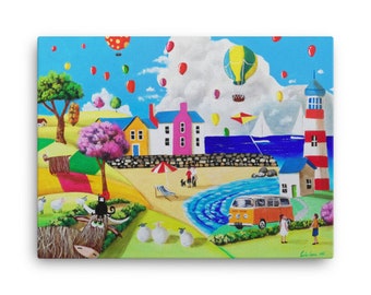 Naïeve kunstcanvas, kustvuurtorenscène, kleurrijk huisdecor