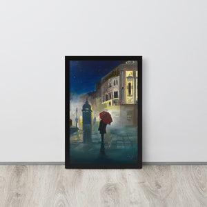 Red Umbrella print, woman in the rain framed print