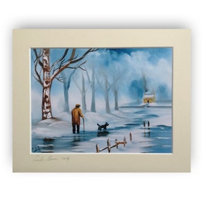 stampa paesaggio, una passeggiata in inverno con la pittura cane dal 2014