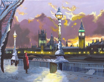 Pintura original de Londres, arte de Londres en invierno