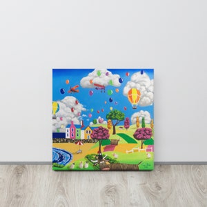 Whimsical Naive Art: Seaside View Canvas Print, Perfect for Beach Lovers