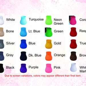 a collection of colorful vases in various colors, including white, turquoise, neon green, coral, bone, lt. blue, green, raspberry, silver, blue, gold, true red, gray, black, purple, pink, white marble, and black. Due to screen variations, colors may appear different than the final item.