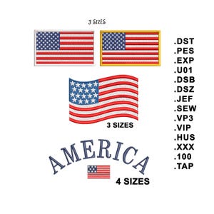 May include: An image featuring embroidered American flags in various styles. The flags include rectangular and waving designs, with the word "AMERICA" arched below. Text indicates sizes and file formats.