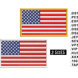 May include: Two embroidered American flag patches. One has a gold border, the other a white border. Both feature a blue field of stars and red and white stripes. The text "3 SIZES" is below the patches, and file type extensions are listed on the right.