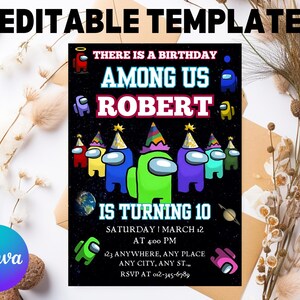 Among us invitation Birthday Invitation | Kids Birthday Invitation | Amoung us Game invite | Digital Editable Personalized Canva Printable