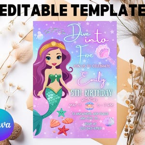Mermaid Tail Birthday Invitation, Under the Sea Birthday Invitation Girl, Editable Birthday Template, Purple Teal Mermaid Birthday