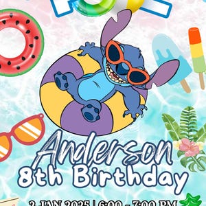 Convite editável para festa na piscina com tema Stitch Girl, convite para festa na piscina, convite para festa na piscina com tema Stitch Girl, festa de aniversário na piscina, arquivo digital