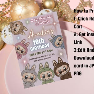 Labubu-verjaardagsuitnodiging: bewerkbare canva-sjabloon (afdrukbare download)