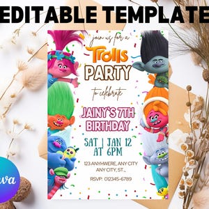 Trolls Birthday Invitation: Editable Canva Template (Digital Download, PDF File)