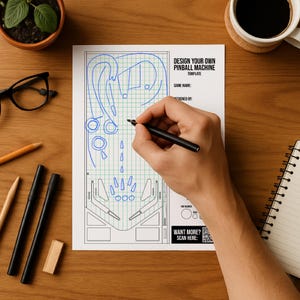 Può includere: Un modello di progettazione di una macchina da flipper stampabile in bianco e nero con un disegno a matita blu. Il modello ha una griglia e il testo "Design Your Own Pinball Machine Template" in alto. Il testo "Game Name:" e "Signed By:" si trova sotto il titolo. Il testo "Want More? Scan Here:" si trova in fondo alla pagina.