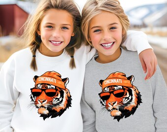 Sudadera de fútbol americano de Cincinnati para niños, camiseta vintage de cuello redondo de Bengal para jóvenes, regalo para el día del partido
