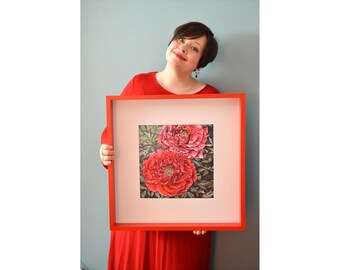 Framed Flower Red Peonies Print Luxurious Reproduction, Colorful Bright Painting, Modern Art Gallery Wall, Floral Bedroom Home Decoration
