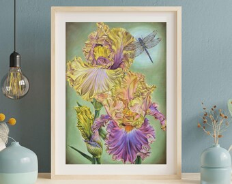 Iris Flower Print Dragonfly Picture, Home Bedroom Decoration Nature Inspired, Wall Poster Floral Botanical Artwork, Art Lover Birthday Gift