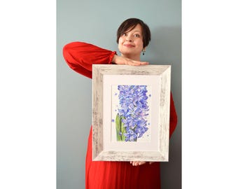 Framed Botanical Hyacinth Print, Blue Flower Nature French Cottage Country House Interior Decor, Home Bedroom Office Living Room Decoration