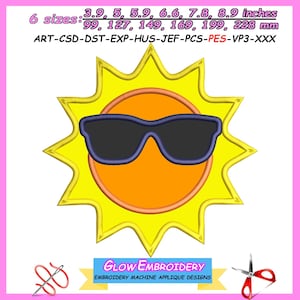 May include: A yellow sun with a smiling face wearing black sunglasses. The sun is outlined in orange and has a yellow background. The image includes the text "6 sizes: 3.9, 5, 5.9, 6.6, 7.8, 8.9 inches 99, 127, 149, 169, 199, 228 mm ART-CSD-DST-EXP-HUS-JEF-PCS-PES-VP3-XXX GLOW EMBROIDERY EMBROIDERY MACHINE APPLIQUE DESIGNS".