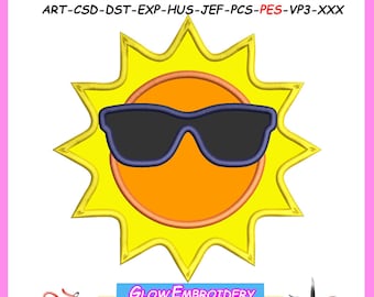 Sun with Sunglasses Applique Embroidery Design, 6 sizes, Instant Download
