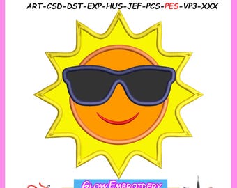 Sun with Sunglasses Applique Embroidery Design, 6 sizes, Instant Download