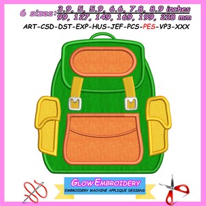 May include: Green backpack with orange and yellow pockets. The backpack has a large pocket on the front and two smaller pockets on the sides. The text "GLOW EMBROIDERY" is at the bottom of the image.