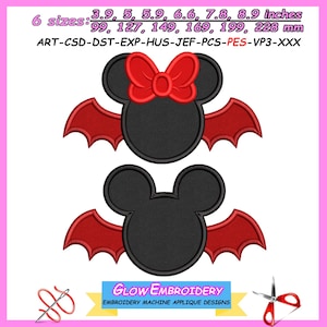Mickey + Minnie Bat Applique Embroidery Design, Halloween Mickey and Minnie set Applique, 6 sizes, Instant Download