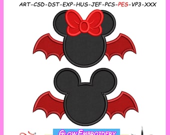 Mickey + Minnie Bat Applique Embroidery Design, Halloween Mickey and Minnie set Applique, 6 sizes, Instant Download
