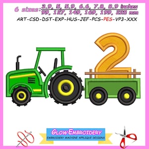 2. Geburtstag Traktor mit Anhänger Applikation Stickdatei, Stickdatei, Stickdatei Set, 6 Größen, Instant Download