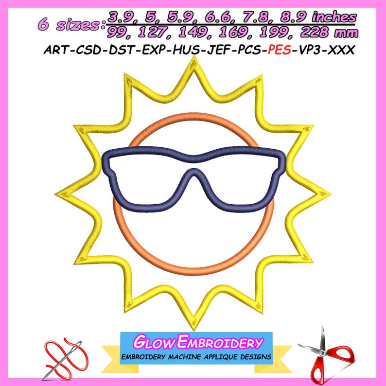 Sun With Sunglasses Applique Embroidery Design, 6 Sizes, Instant ...