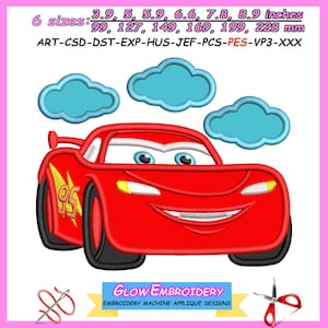 May include: Red cartoon race car with a smiling face and large eyes. The car has a yellow lightning bolt on the side and is surrounded by three blue clouds. The image includes the text "6 sizes: 3.9, 5, 5.9, 6.6, 7.8, 8.9 inches 99, 127, 149, 169, 199, 228 mm ART-CSD-DST-EXP-HUS-JEF-PCS-PES-VP3-XXX GLOW EMBROIDERY EMBROIDERY MACHINE APPLIQUE DESIGNS".