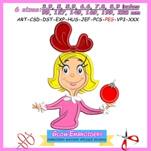 May include: A cartoon character with yellow hair and a red bow, holding a red ornament. The image includes text indicating sizes from 3.9 to 8.9 inches and the phrase "Glow Embroidery". This design is for embroidery machine applique.