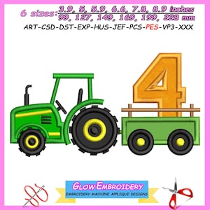 4th Birthday Tractor with Trailer Applique Embroidery Design, 6 sizes, Instant Download