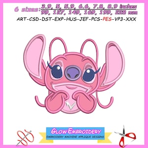 May include: Pink Stitch character with big eyes and a smile, holding her hands together in front of her chest.  The image includes the text "6 sizes: 3.9, 5, 5.9, 6.6, 7.8, 8.9 inches 99, 127, 149, 169, 199, 228 mm ART-CSD-DST-EXP-HUS-JEF-PCS-PES-VP3-XXX GLOW EMBROIDERY EMBROIDERY MACHINE APPLIQUE DESIGNS"