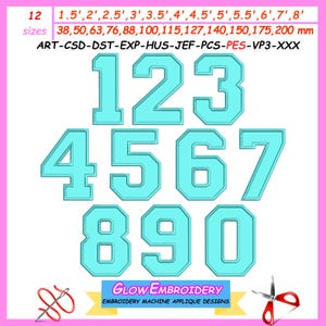 Può includere: Un set di dieci numeri blu turchese, da 1 a 10, con un contorno bianco. I numeri sono in un carattere grassetto e a blocchi. L'immagine include il testo "1.5', 2', 2.5', 3', 3.5', 4', 4.5', 5', 5.5', 6', 7', 8'" e "38, 50, 63, 76, 88, 100, 115, 127, 140, 150, 175, 200 mm".