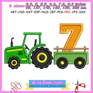 May include: A green tractor with a yellow number 7 in a green trailer. The tractor has black wheels with yellow centers. The image includes the text "GLOW EMBROIDERY EMBROIDERY MACHINE APPLIQUE DESIGNS". The image is available in 6 sizes: 3.9, 5, 5.9, 6.6, 7.8, 8.9 inches.