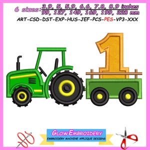 1st Birthday Tractor with Trailer Applique Embroidery Design, 6 sizes, Instant Download