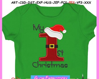 1st Christmas Applique Embroidery Design, First Christmas Santa Belt Applique Design, 6 sizes, Instant Download