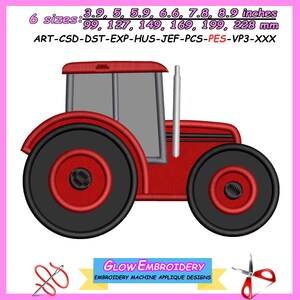 May include: A red tractor design with black wheels, a gray cabin, and a silver exhaust pipe. The design is available in six sizes, ranging from 3.9 to 8.9 inches (99 to 228 mm). The image includes the text "GLOW EMBROIDERY" and "EMBROIDERY MACHINE APPLIQUE DESIGNS."