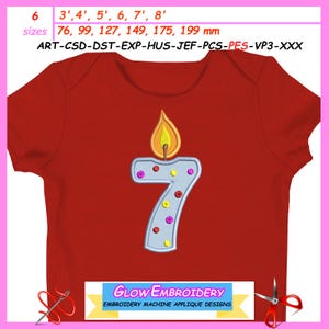 7th Birthday Number Candle Applique Embroidery Design, Number 7 Applique, 6 sizes, Instant Download