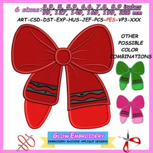 May include: A red bow applique design with black accents, available in six sizes from 3.9 to 8.9 inches (99 to 228 mm). Includes other color combinations. The design is for embroidery machine applique.