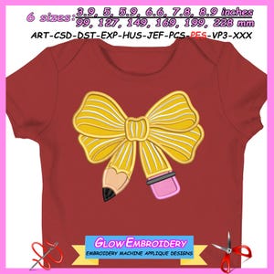 Bleistift Schleife Applikation Stickmuster, Stickmuster, Back to School Applikation, 6 Größen, Instant Download