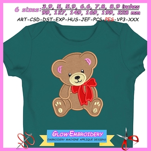 May include: Teal baby bodysuit featuring a brown teddy bear with a red bow. The design includes the text "GLOW EMBROIDERY EMBROIDERY MACHINE APPLIQUE DESIGNS". Available in 6 sizes: 3.9, 5, 5.9, 6.6, 7.8, 8.9 inches.