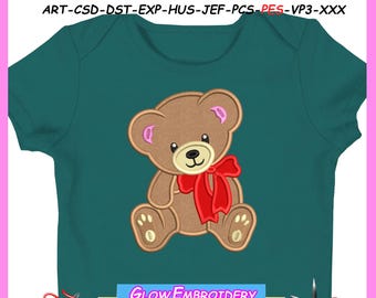 May include: Teal baby bodysuit featuring a brown teddy bear with a red bow. The design includes the text "GLOW EMBROIDERY EMBROIDERY MACHINE APPLIQUE DESIGNS". Available in 6 sizes: 3.9, 5, 5.9, 6.6, 7.8, 8.9 inches.