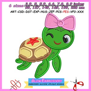 May include: A cartoon turtle design with a pink bow, winking eye, and a red starfish on its shell. The design is available in 6 sizes: 99, 127, 149, 169, 199, and 228 mm. The design is for embroidery machine applique.