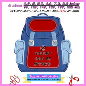 May include: Blue and red embroidered backpack applique design with the text "POCKET CAN BE OPENED".  The design is available in 6 sizes: 3.9, 5, 5.9, 6.6, 7.8, and 8.9 inches.