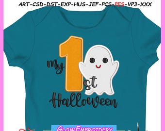 My 1e Halloween stoffen borduurontwerp, First Halloween Boy Ghost stoffenontwerp, 6 maten, Instant Download