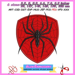 May include: A red shield-shaped embroidery design featuring a black spider and web. The design includes the text "6 sizes: 3.9, 5, 5.9, 6.6, 7.8, 8.9 inches" and "99, 127, 149, 169, 199, 228 mm". The design is for embroidery machine applique designs.